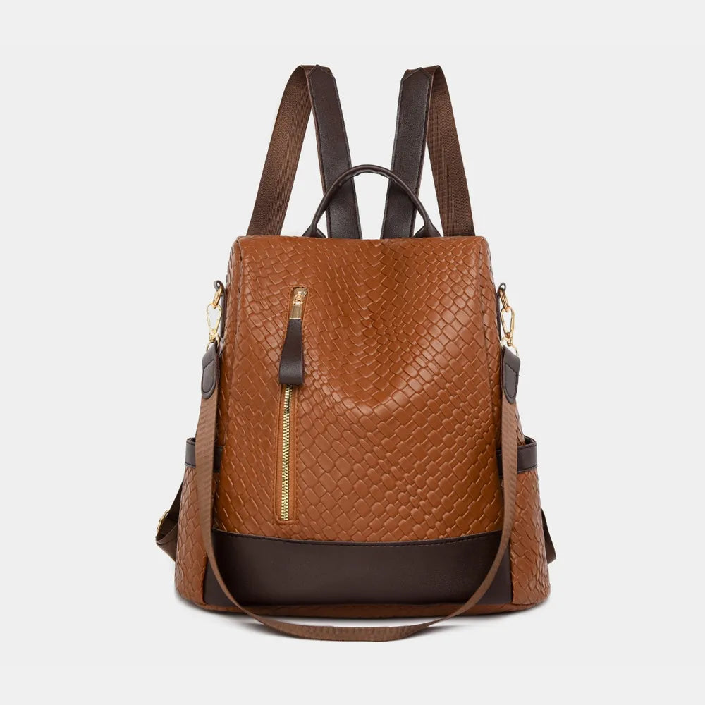 Brown woven faux leather convertible backpack with front zipper detail.