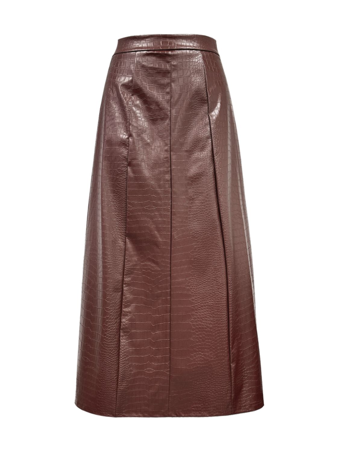 Brown croc-effect midi skirt with A-line cut and subtle pleating.