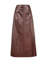 Brown croc-effect midi skirt with A-line cut and subtle pleating.