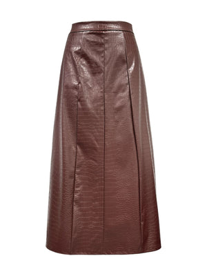 Brown croc-effect midi skirt with A-line cut and subtle pleating.