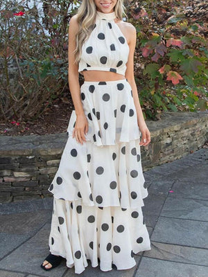 White polka dot halter crop top and tiered maxi skirt set