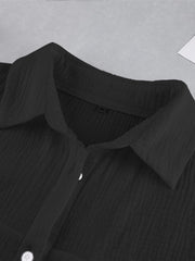 Black textured cotton lounge set shirt with button front and collar detail