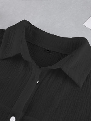 Black textured cotton lounge set shirt with button front and collar detail