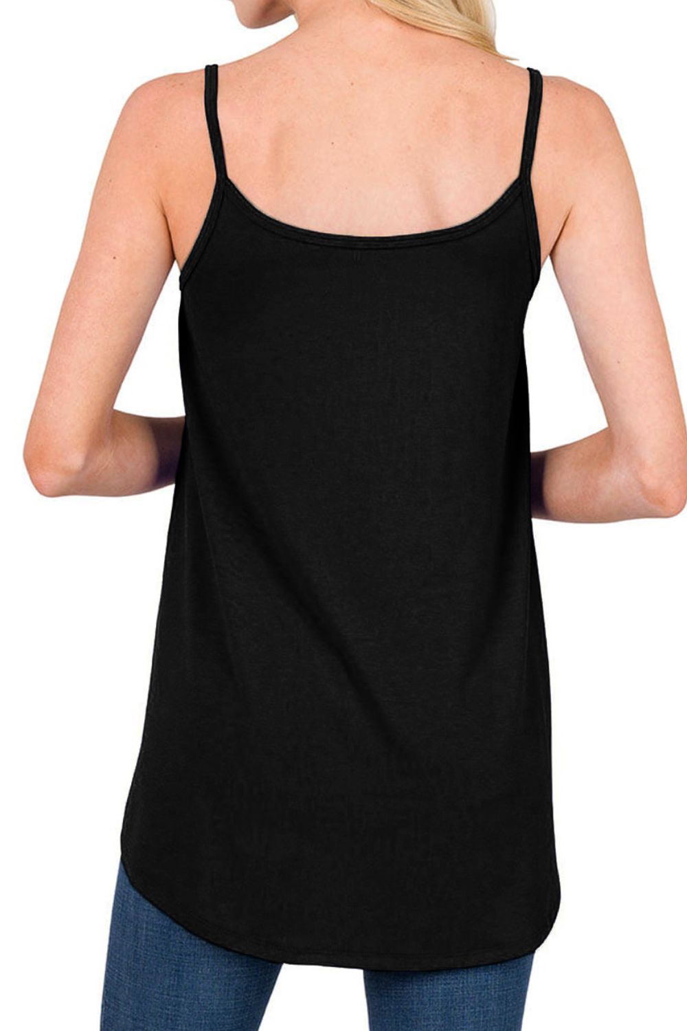 Black cami with spaghetti straps and curved hemline