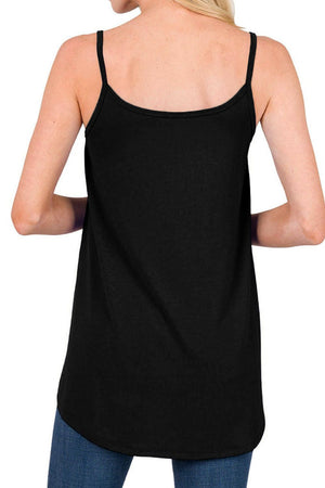 Black cami with spaghetti straps and curved hemline