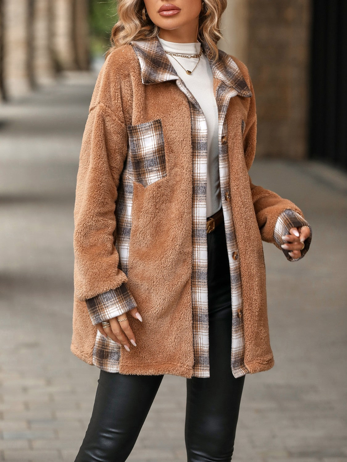 Teddy shacket in Khaki with plaid accents, featuring a collared neckline and button front.