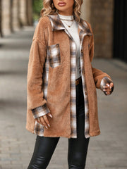 Teddy shacket in Khaki with plaid accents, featuring a collared neckline and button front.