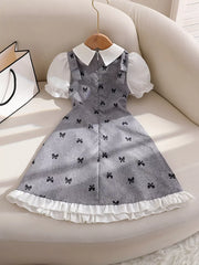 Children's Bow Print Puff Sleeve Dress in Gray, fabric detail
