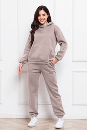 Mocha relaxed hoodie and joggers set with front pocket and cuffed ankles.