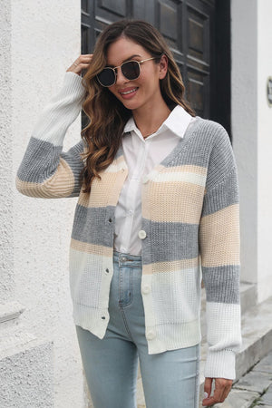 Horizontal stripe knit cardigan with button closure, in acrylic.