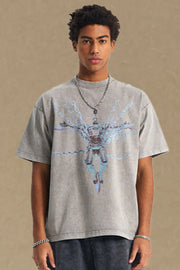 Acid wash graphic tee in gray with oversized fit and robotic chain graphic.
