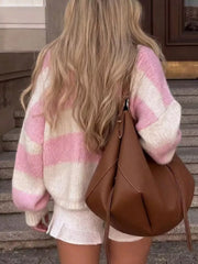 V-neck Ribbed Long-sleeve Top in Pink, close-up detail