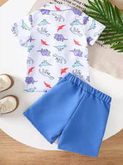 Toddler dinosaur print short sleeve shirt and blue shorts set