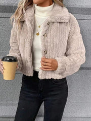 Textured teddy cropped button-up jacket in Dust Storm with a collared neckline and button closure.