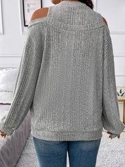 Gray ribbed mock neck cold shoulder top with long sleeves.