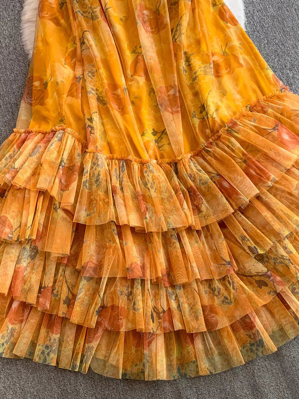 Yellow floral mesh maxi dress with tiered ruffles