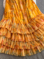 Yellow floral mesh maxi dress with tiered ruffles