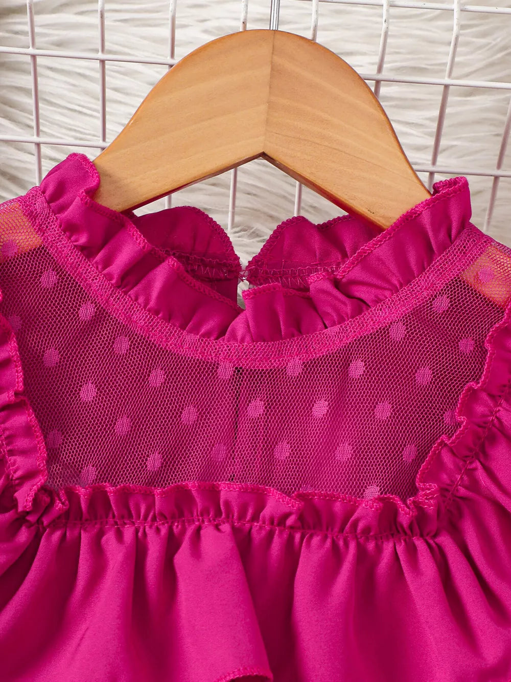Children's Ruffled Mesh Top And Denim Skirt Set in Rose Red, side view