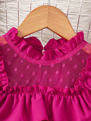 Children's Ruffled Mesh Top And Denim Skirt Set in Rose Red, side view