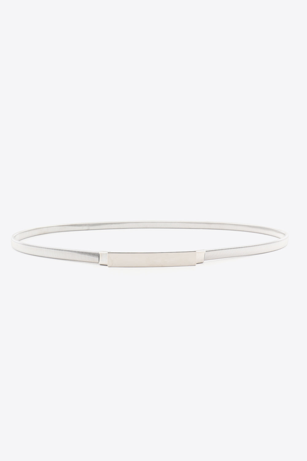 Silver slimline elastic waist belt with a rectangular buckle