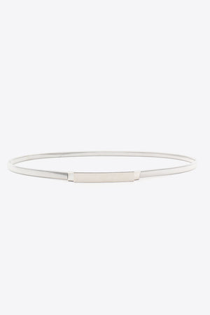 Silver slimline elastic waist belt with a rectangular buckle