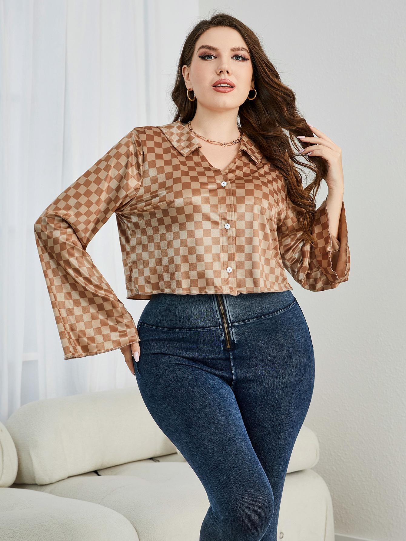 Retro checkered bell sleeve blouse in plaid with buttoned front, styled casually.