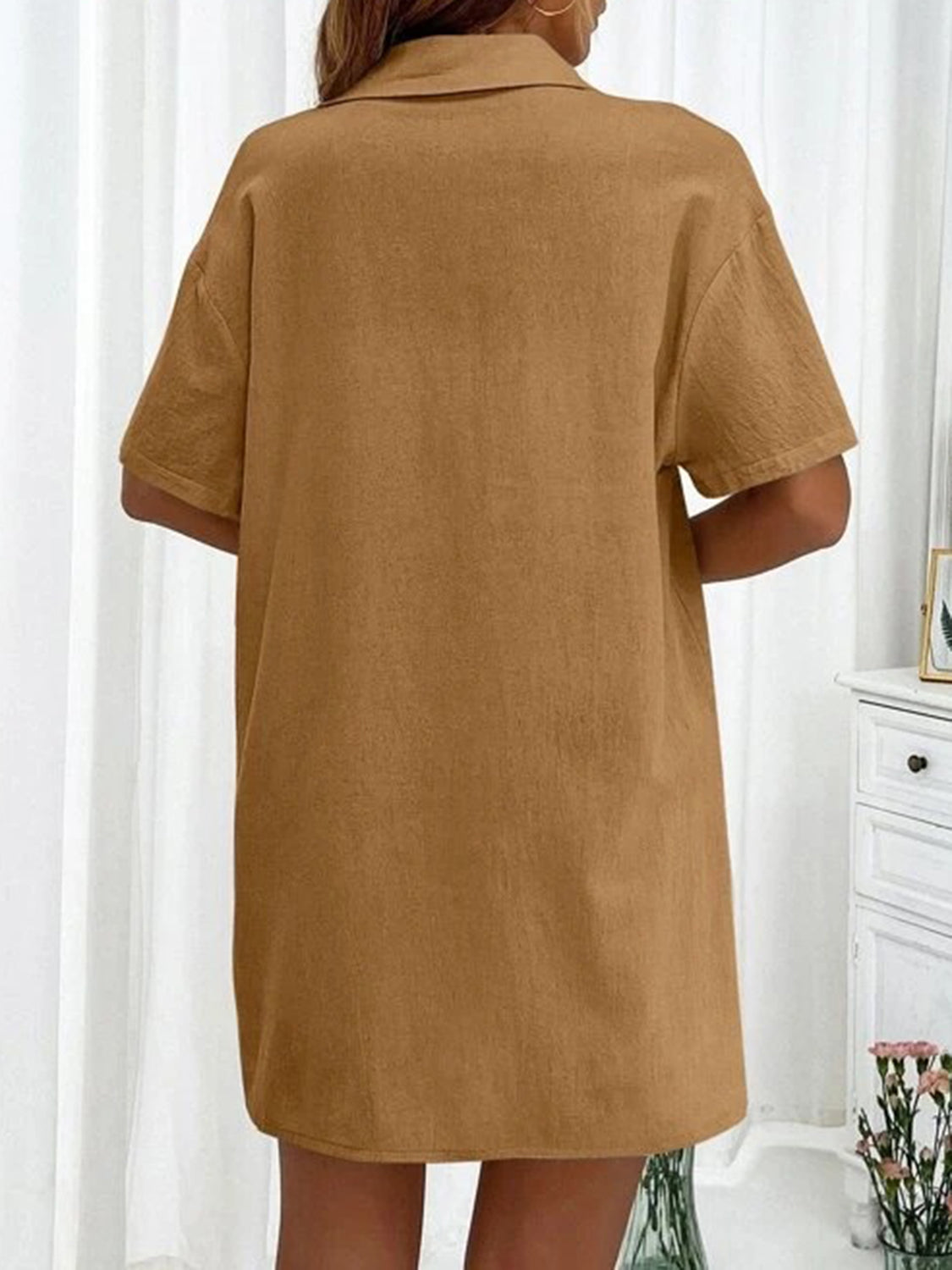 Linen shirt and shorts co-ord set in camel, buttoned short sleeve shirt with collar