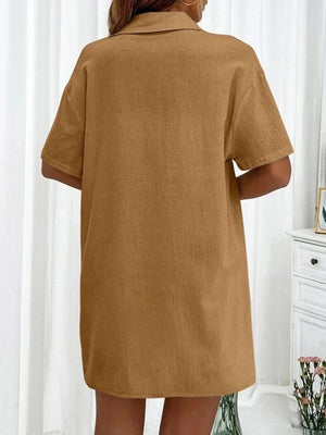 Linen shirt and shorts co-ord set in camel, buttoned short sleeve shirt with collar