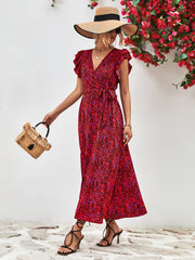 Deep Red floral wrap midi dress with flutter sleeves and belted waist.