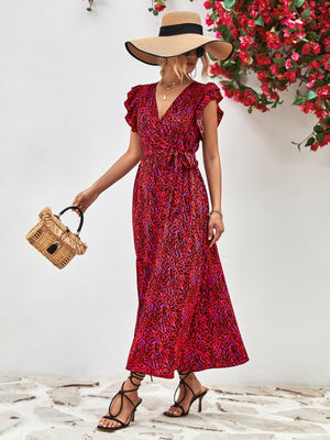 Deep Red floral wrap midi dress with flutter sleeves and belted waist.