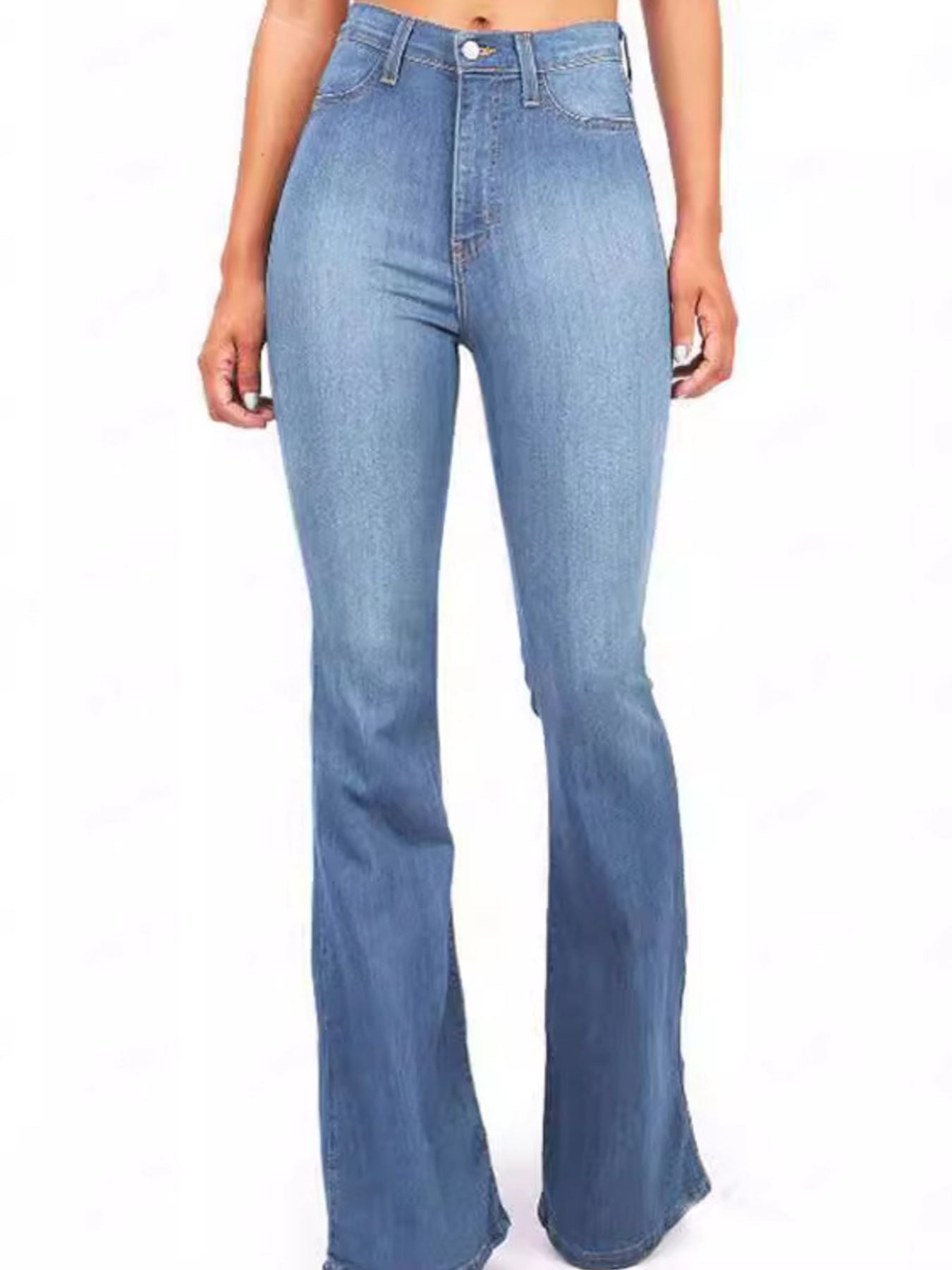 Light blue denim high-rise bootcut jeans with a comfortable fit.