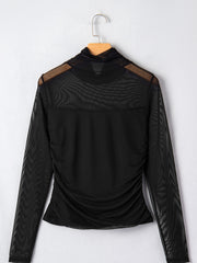Black sheer mesh maternity shirt with high neck and ruched sides
