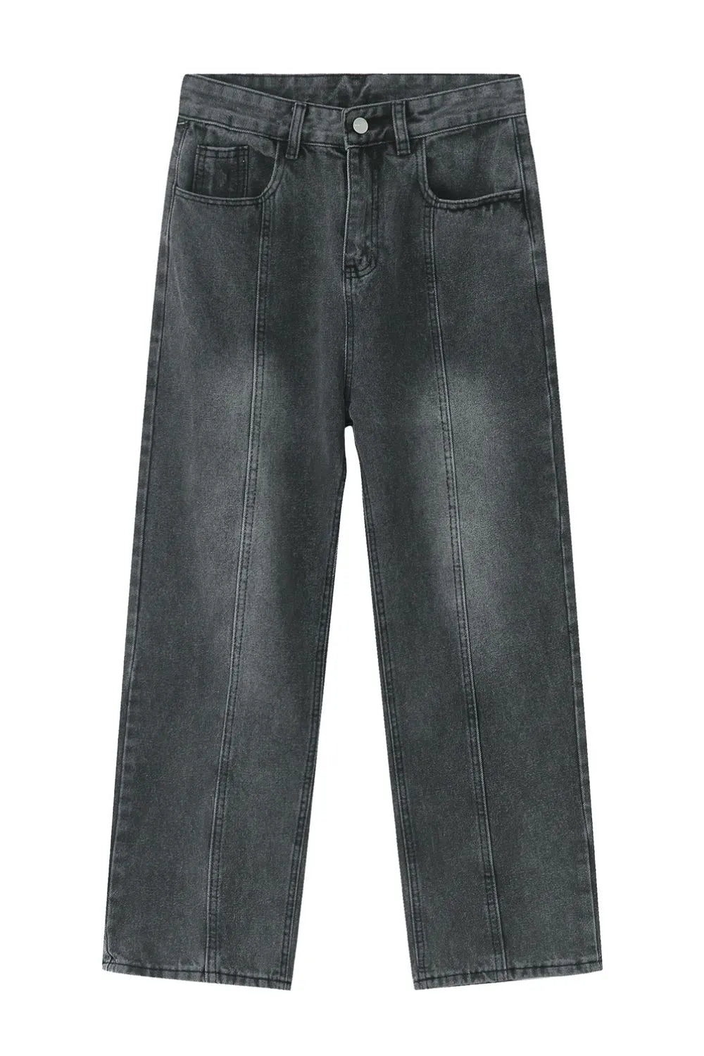 Dark wash denim jeans with vertical seam detail and straight leg cut.