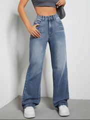 Medium wash cotton jeans with wide legs and utility pockets.