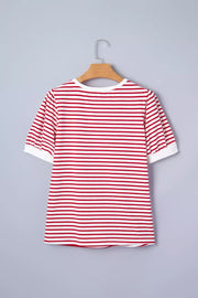 Maternity t-shirt with red and white stripes, puff sleeves, and crew neck.