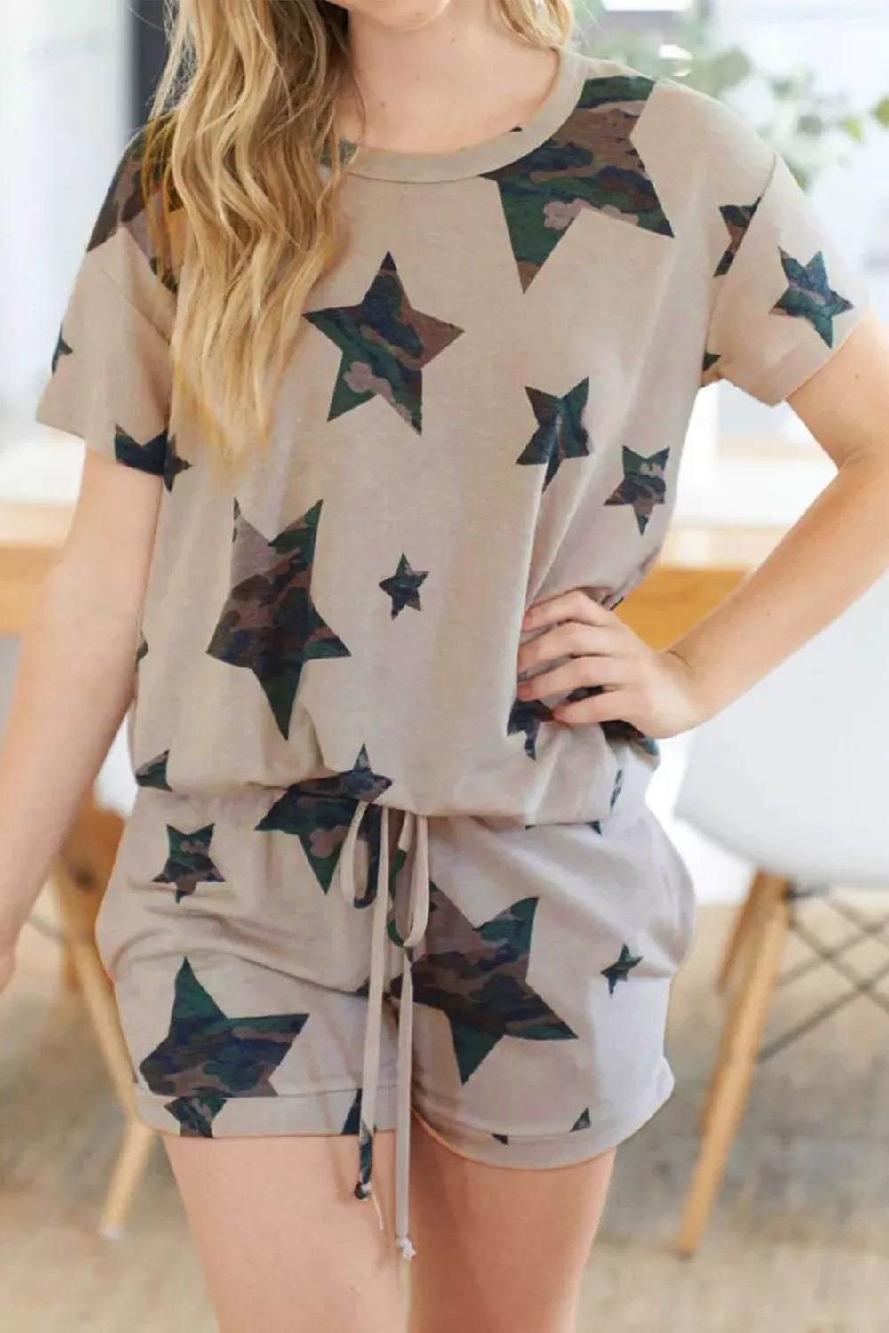 Camo star print pajama set with drawstring shorts and crewneck tee