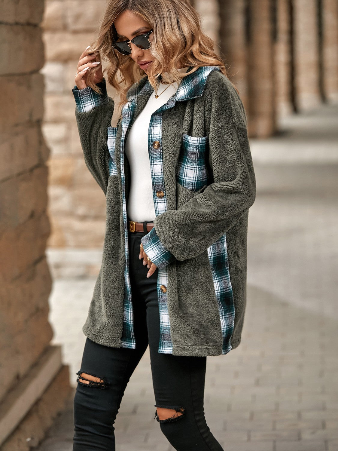 Shacket with teddy texture in dark gray, featuring green plaid accents and button closure.