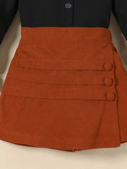 Toddler apricot brown corduroy skort with button detail and tiered design