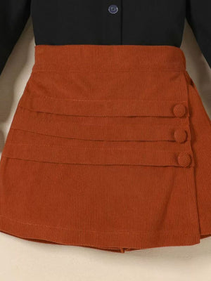 Toddler apricot brown corduroy skort with button detail and tiered design