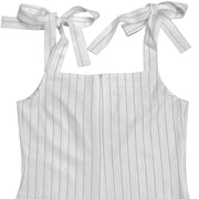 White pinstripe romper with tie straps and square neckline