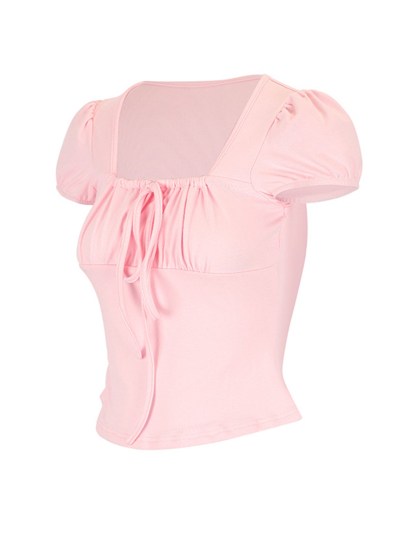 Pink polyester tie-front t-shirt with puff sleeves and square neckline