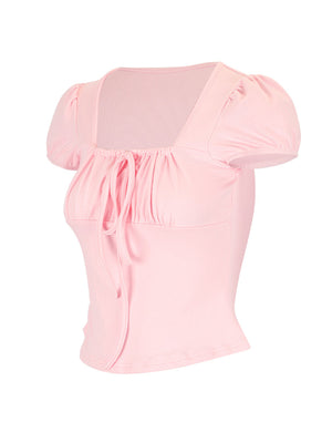 Pink polyester tie-front t-shirt with puff sleeves and square neckline