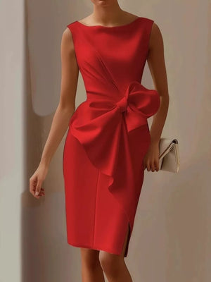 Red sleeveless dress with large bow detail and side slit, boat neck.