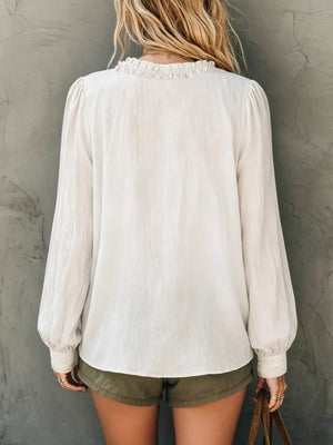 Bohemian Ruffled V-neck Long Sleeve Blouse in White, view 11