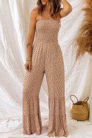 Camel floral smocked strappy jumpsuit with tiered ruffle wide legs