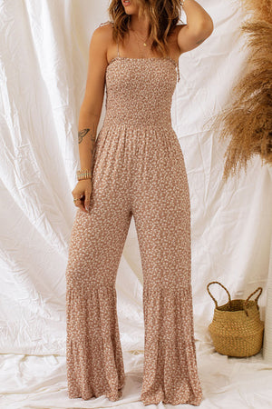 Camel floral smocked strappy jumpsuit with tiered ruffle wide legs