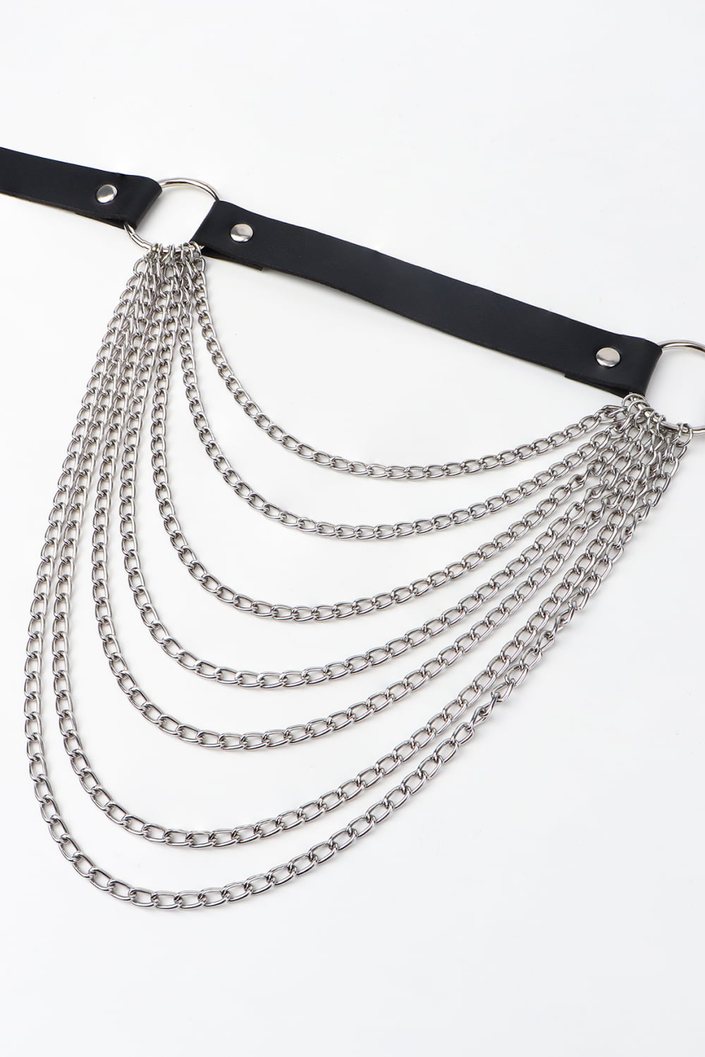 Black leather waist harness with cascading silver chains and silver hardware.