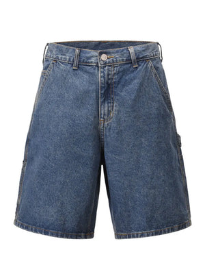 Carpenter denim bermuda shorts in medium wash with utility pockets and a relaxed fit.