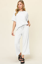 White waffle knit lounge set with drawstring pants and short sleeve top