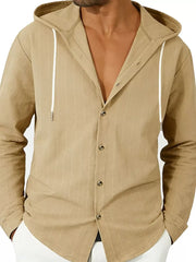 Khaki striped cotton hooded button-up shirt for men with white drawstrings.